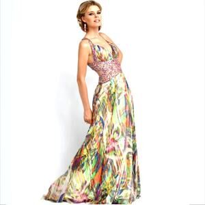 Jovani Colorful Beaded Silk Chiffon Maxi Gown Dress 10 HOCO Cocktail Formal Prom